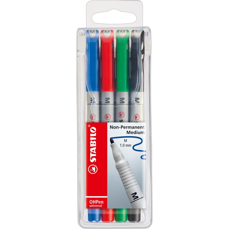 STABILO® Folienstift STABILO® OHPen universal · Medium (M) 1 mm · wasserlöslich · Etui mit 4 Stiften