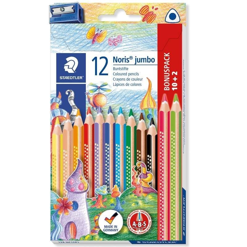STAEDTLER® Farbstift Noris Club® jumbo dreikant · 128 NC12P1 · 4 mm · Kartonetui mit 12 Farben + Spitzer