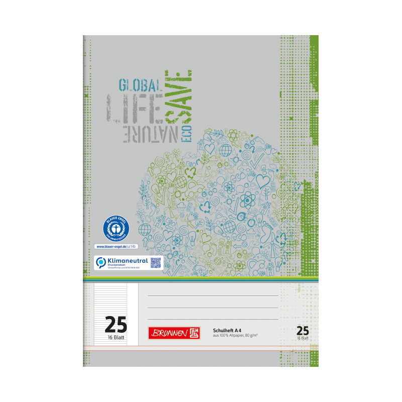 BRUNNEN Schulheft · DIN A4 · Lineatur 25 · liniert mit Rand · 16 Blatt · Umweltpapier