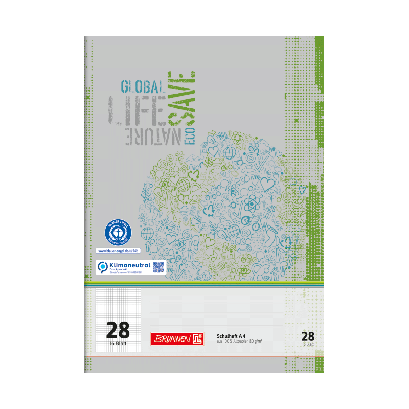 BRUNNEN Schulheft · DIN A4 · Lineatur 28 · kariert mit Doppelrand · 16 Blatt · Umweltpapier