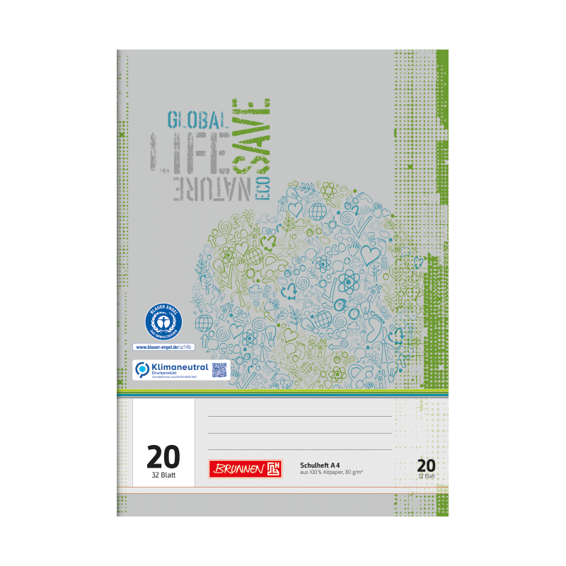 BRUNNEN Doppelheft · DIN A4 · Lineatur 20 · blanko · ohne Lineatur · 32 Blatt · Umweltpapier
