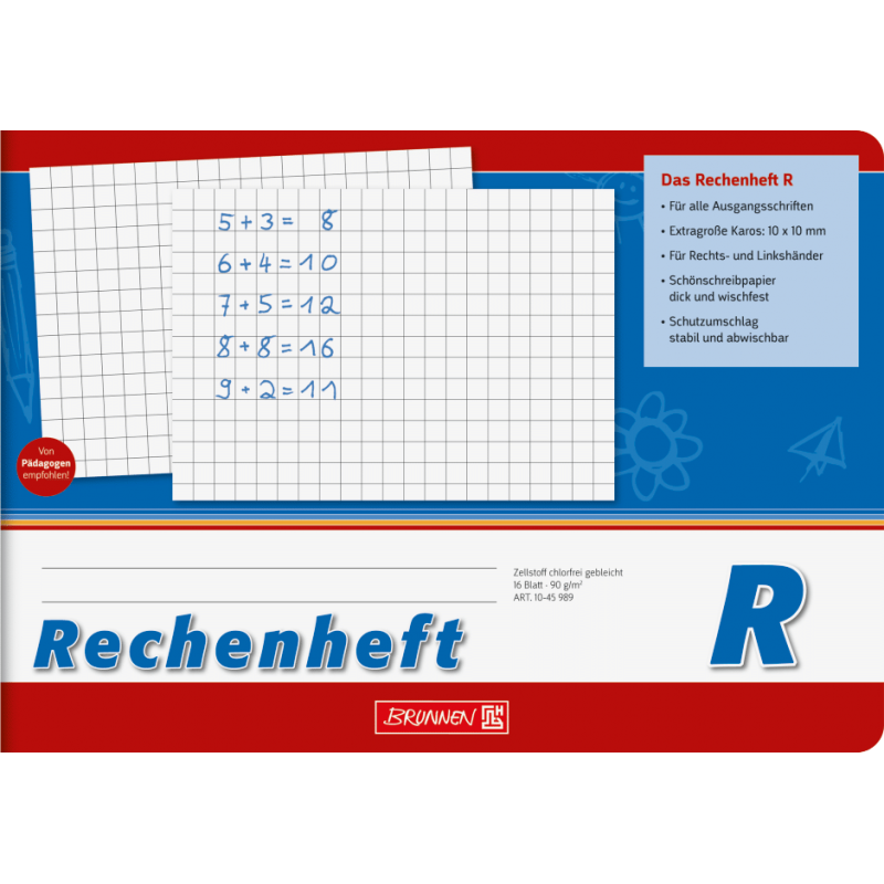 Rechenheft  DIN A5 quer · Lineatur R · Extragroße Kästchen (10 x 10 mm) · 16 Blatt · 90 g/m² Premiumpapier