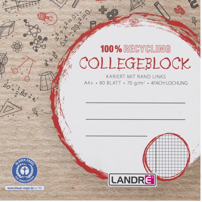 LANDRÉ Recycling-Collegeblock · A4 · 80 Blatt · Lineatur 22 · kariert · ohne Rand