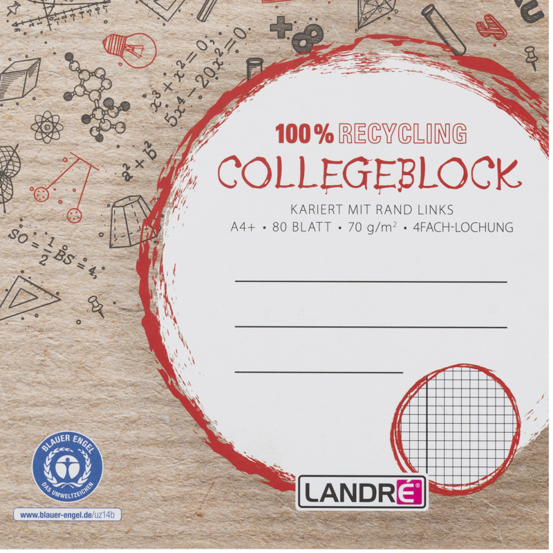 LANDRÉ Recycling-Collegeblock · A4 · 80 Blatt · Lineatur 22 · kariert · ohne Rand