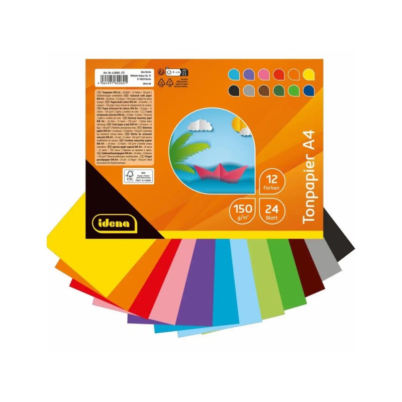 Idena Tonzeichenpapierblock 150 g/m² · DIN A4 · 24 Blatt in 12 Farben