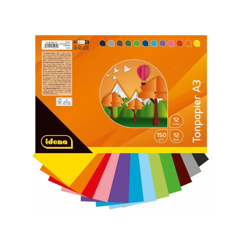 Idena Tonzeichenpapierblock 150 g/m² · DIN A3 · 12 Blatt in 102Farben