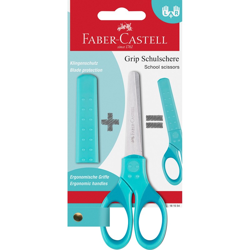 Faber-Castell Schulschere 13,5 cm · Türkis · Edelstahlklinge · Abgerundete Spitze · Soft-Griffzone · Für Rechts- & Linkshänder ·
