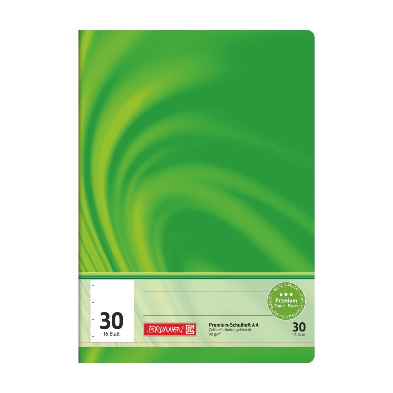 Schulheft DIN A4 in Premiumqualität · Lineatur 30 · 16 Blatt · 90 g/m²-Qualitätspapier · blanko · gelocht und perforiert · Strap