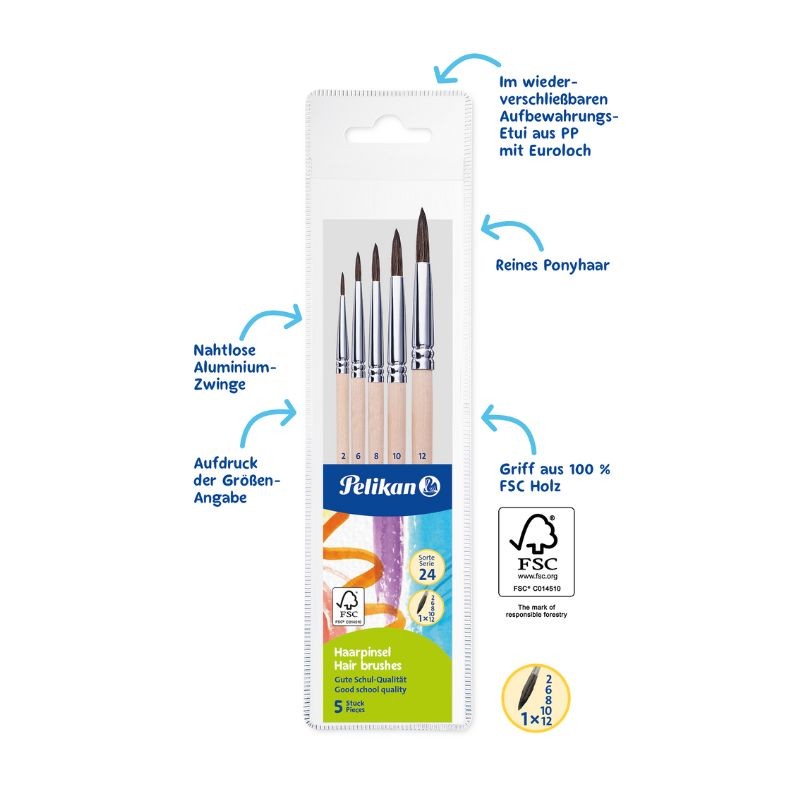 Pelikan Haarpinsel-Set · 5-teilig · Größen 2-6-8-10-12