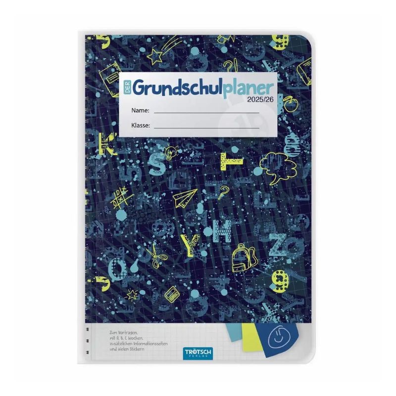 Grundschulplaner DIN A5 · 128 Seiten · Schuljahr 2025/26 · A-, B- und C-Wochen · Farbige Wochentage · Zusatzseiten mit Grundwiss