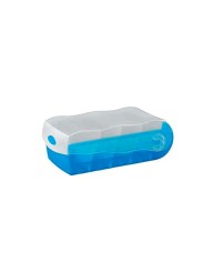 Karteibox DIN A8 quer · Blau-transluzent · Für bis zu 500 Karten · Inkl. 100 gelbe linierte Karteikarten · 5 Stützplatten · Ergo