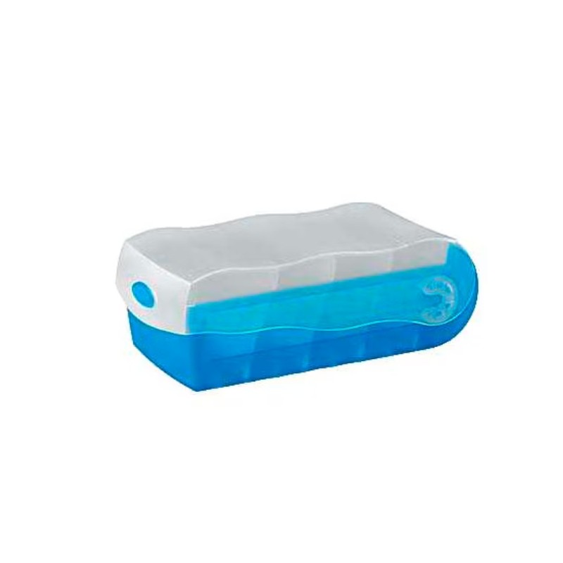 Karteibox DIN A8 quer · Blau-transluzent · Für bis zu 500 Karten · Inkl. 100 gelbe linierte Karteikarten · 5 Stützplatten · Ergo