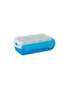Karteibox DIN A8 quer · Blau-transluzent · Für bis zu 500 Karten · Inkl. 100 gelbe linierte Karteikarten · 5 Stützplatten · Ergo