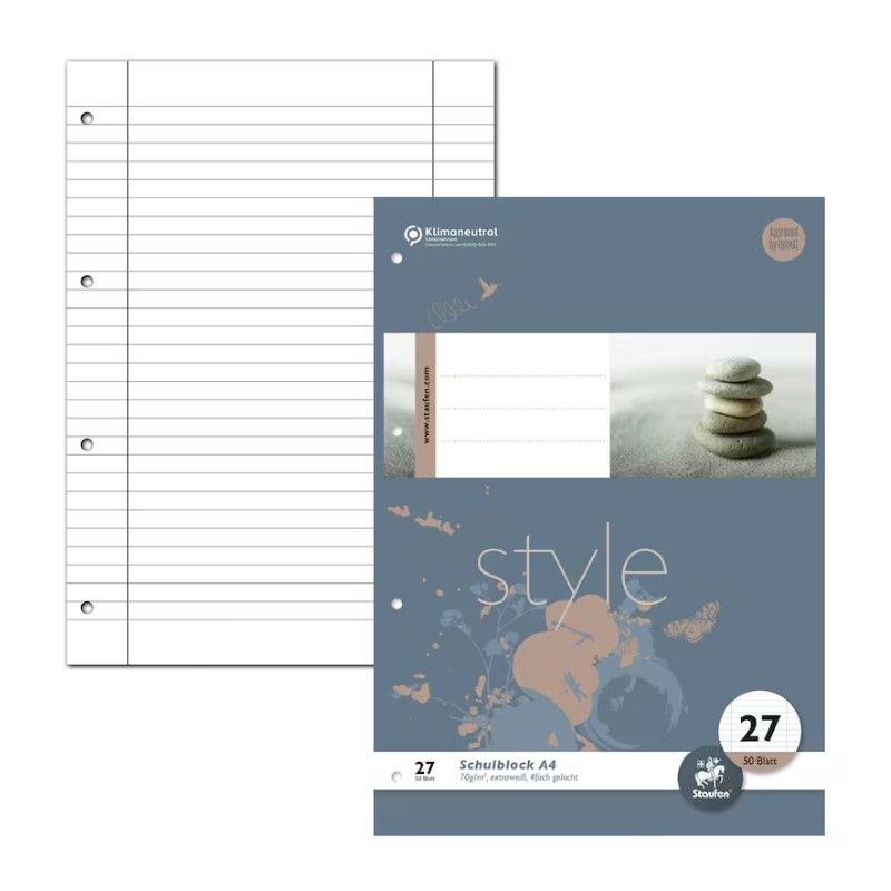 Staufen Style Schulblock DIN A4 · 50 Blatt · 70g/qm · Lineatur 27 · liniert mit Doppelrand